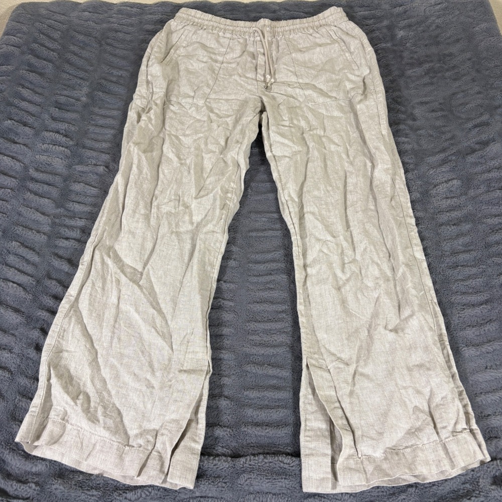 Athleta 100% Linen Wide Leg Pants Oatmeal Beige Drawstring Waist L/T Large Tall